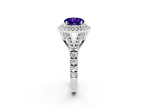 White gold Double Halo Round Cut Tanzanite Pavé Split Shank Ring with Prong Setting_2