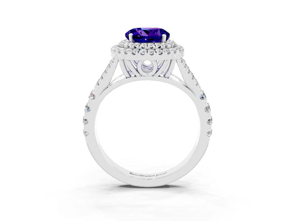 Platinum Double Halo Round Cut Tanzanite Pavé Split Shank Ring with Prong Setting
