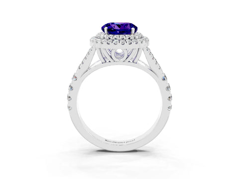 White gold Double Halo Round Cut Tanzanite Pavé Split Shank Ring with Prong Setting_3