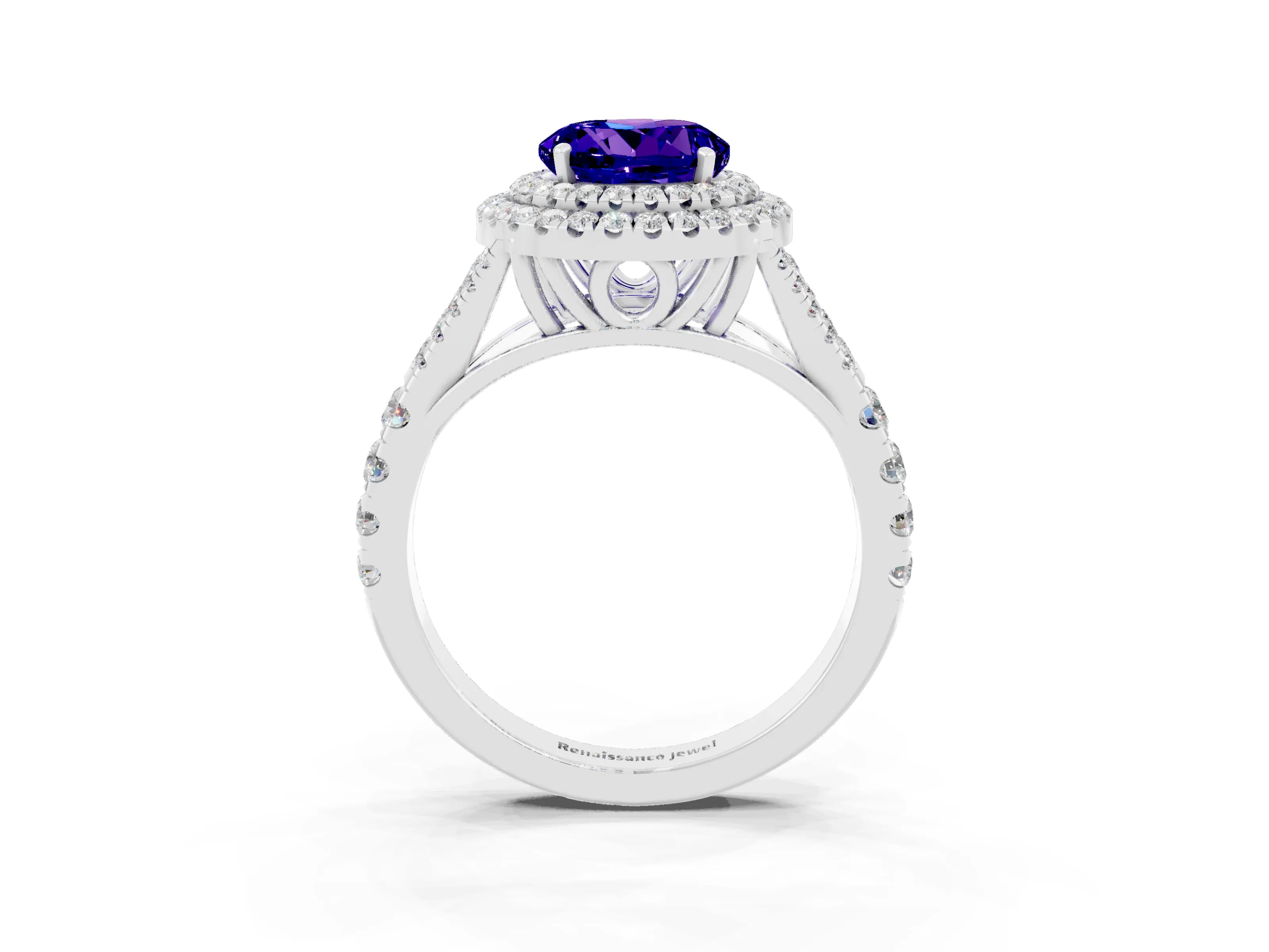 White gold Double Halo Round Cut Tanzanite Pavé Split Shank Ring with Prong Setting_3