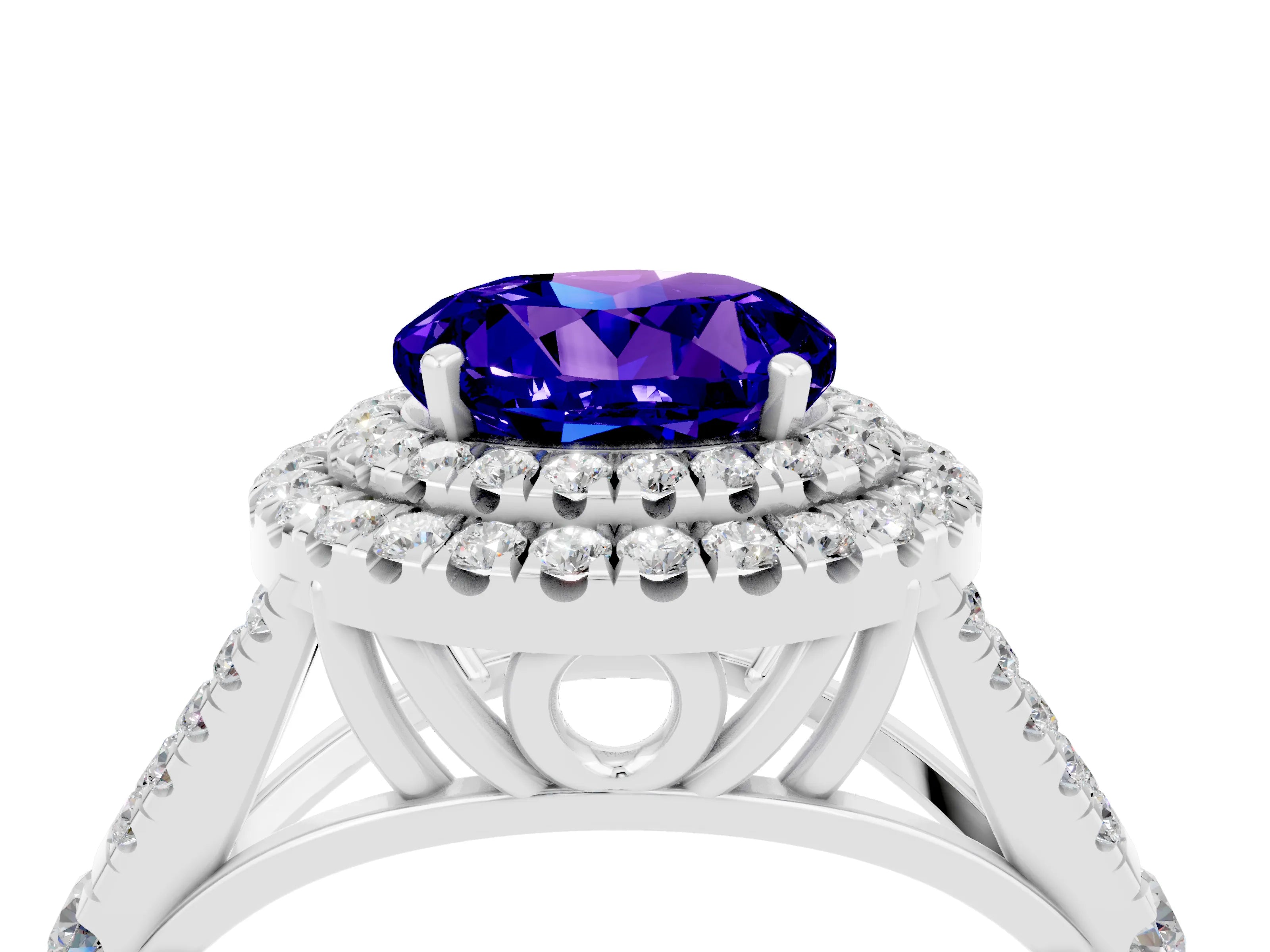 White gold Double Halo Round Cut Tanzanite Pavé Split Shank Ring with Prong Setting_4