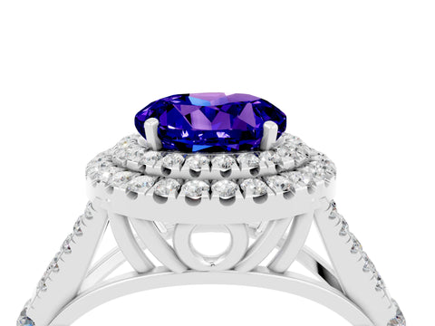 White gold Double Halo Round Cut Tanzanite Pavé Split Shank Ring with Prong Setting_4