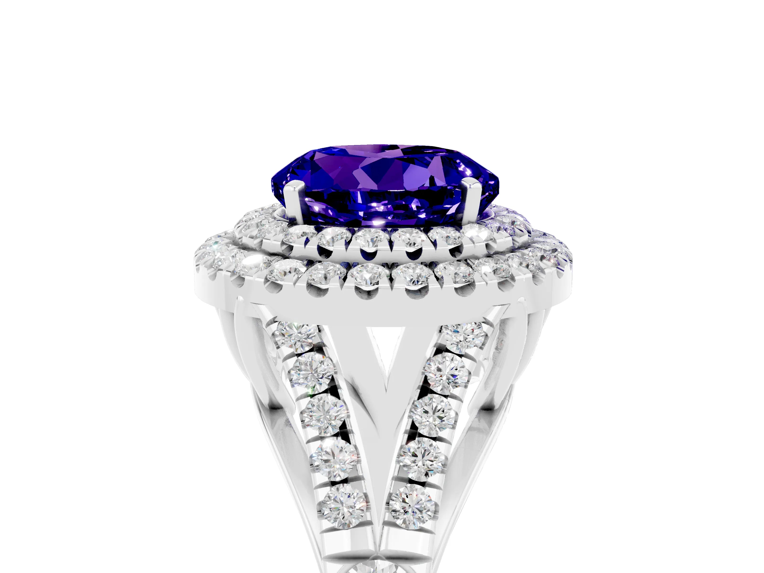 White gold Double Halo Round Cut Tanzanite Pavé Split Shank Ring with Prong Setting_5
