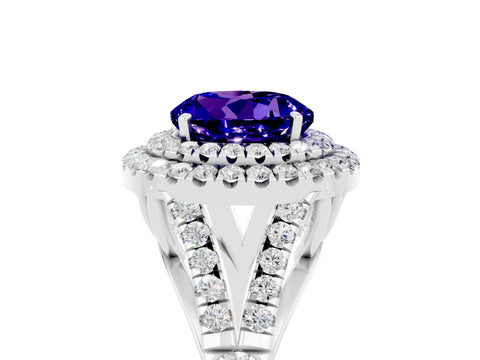 White gold Double Halo Round Cut Tanzanite Pavé Split Shank Ring with Prong Setting_5