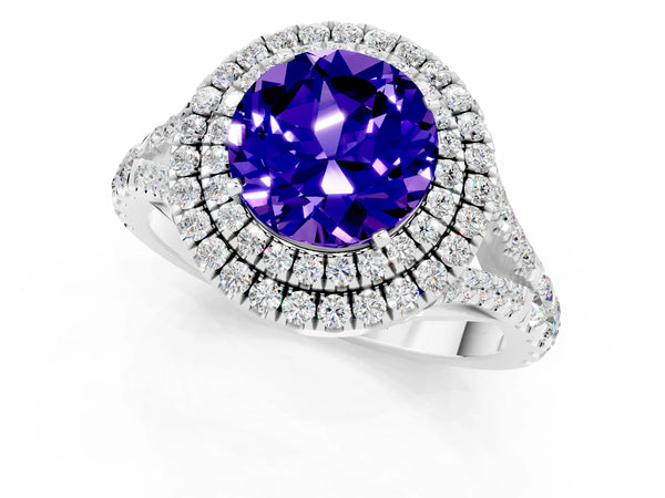 Platinum Double Halo Round Cut Tanzanite Split Shank Engagement Ring with Four-Prong Setting