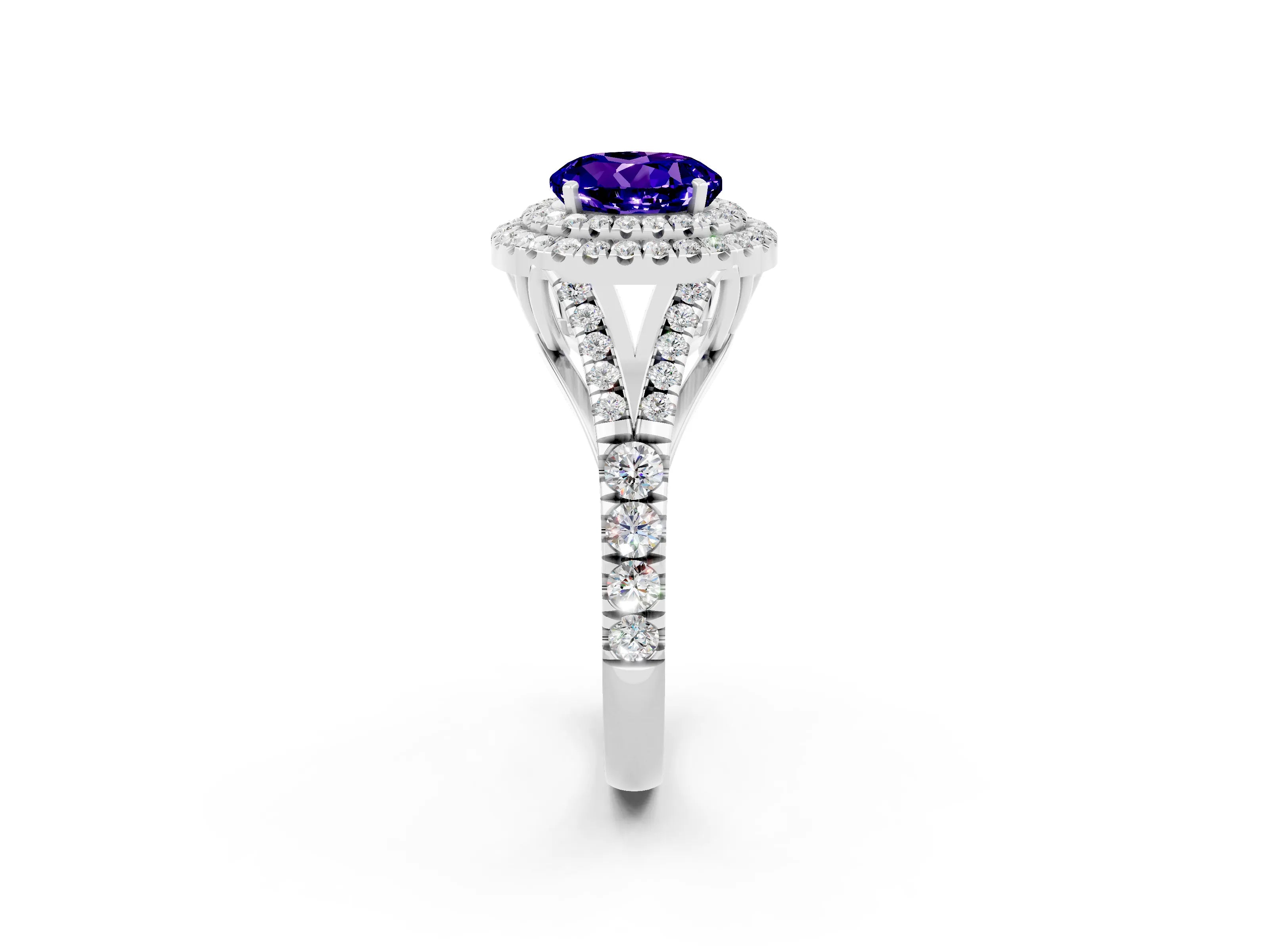 White gold Double Halo Round Cut Tanzanite Split Shank Engagement Ring with Four-Prong Setting_2