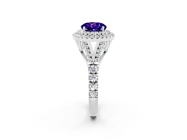 Platinum Double Halo Round Cut Tanzanite Split Shank Engagement Ring with Four-Prong Setting