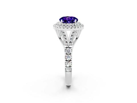 White gold Double Halo Round Cut Tanzanite Split Shank Engagement Ring with Four-Prong Setting_2