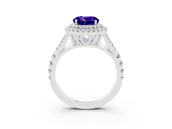 Platinum Double Halo Round Cut Tanzanite Split Shank Engagement Ring with Four-Prong Setting