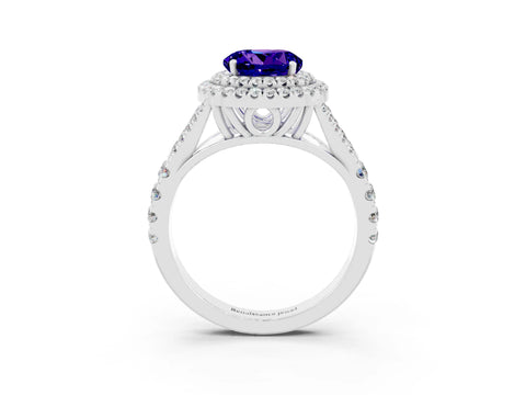 White gold Double Halo Round Cut Tanzanite Split Shank Engagement Ring with Four-Prong Setting_3