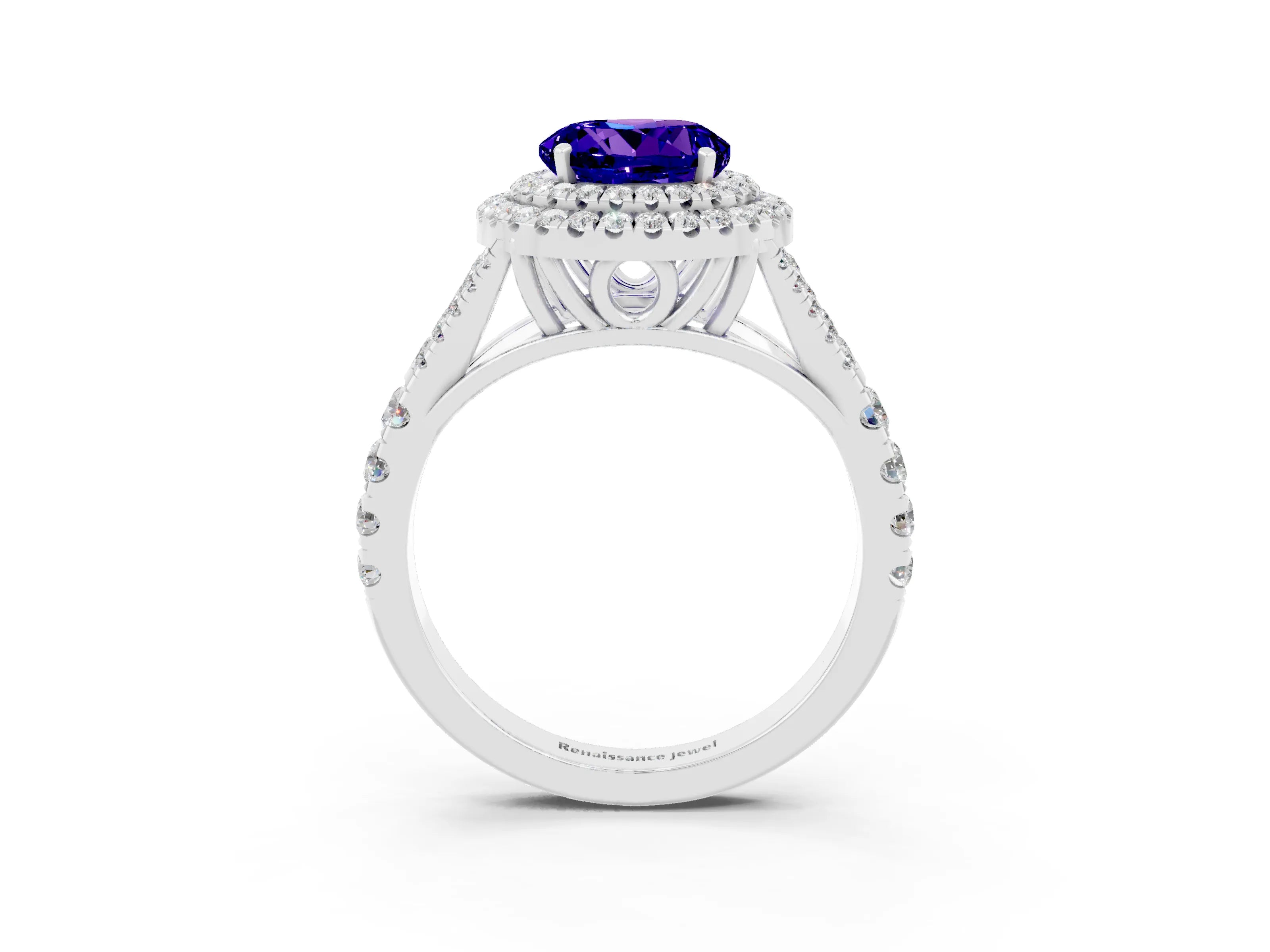 White gold Double Halo Round Cut Tanzanite Split Shank Engagement Ring with Four-Prong Setting_3