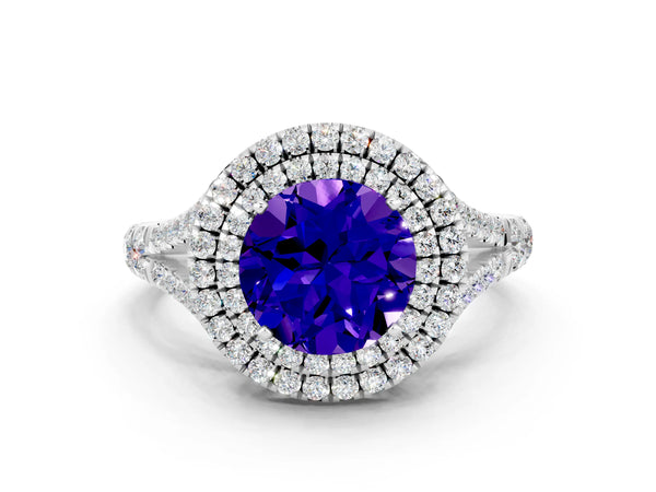 Silver Double Halo Round Cut Tanzanite Split Shank Engagement Ring with Four-Prong Setting