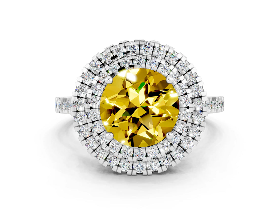 White gold Double Halo Round Cut Yellow Sapphire Pavé Band with Four-Prong Setting_24