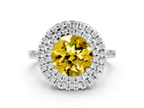 White gold Double Halo Round Cut Yellow Sapphire Pavé Band with Four-Prong Setting_24