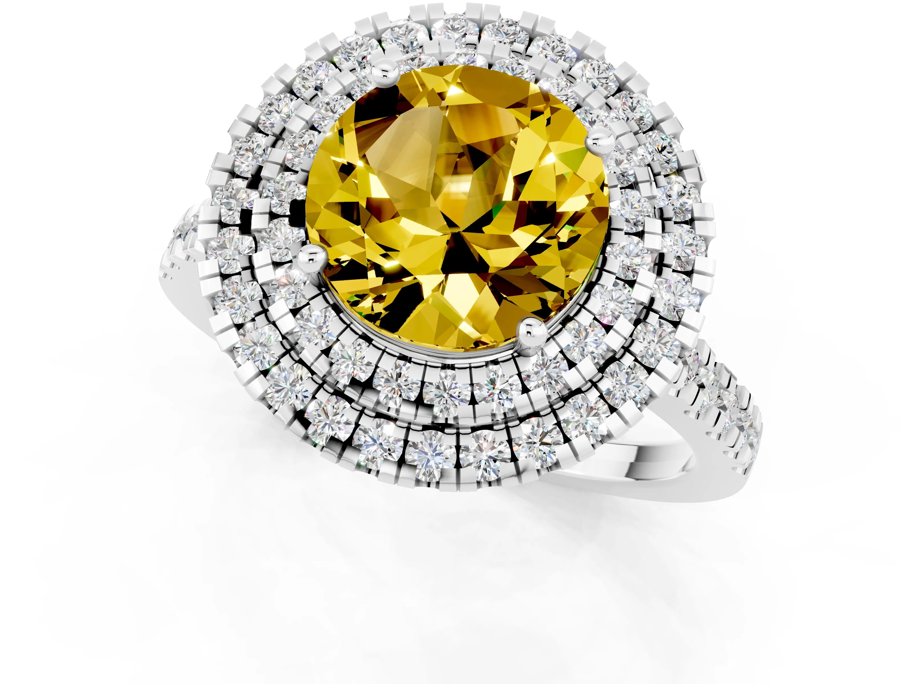 White gold Double Halo Round Cut Yellow Sapphire Pavé Band with Four-Prong Setting_25