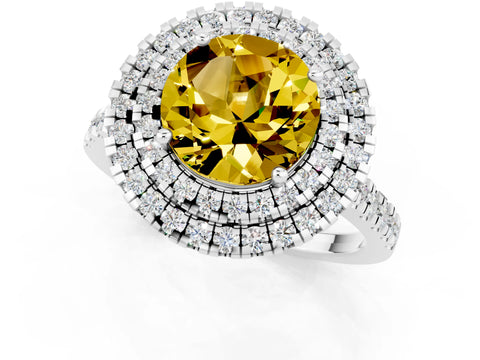 White gold Double Halo Round Cut Yellow Sapphire Pavé Band with Four-Prong Setting_25