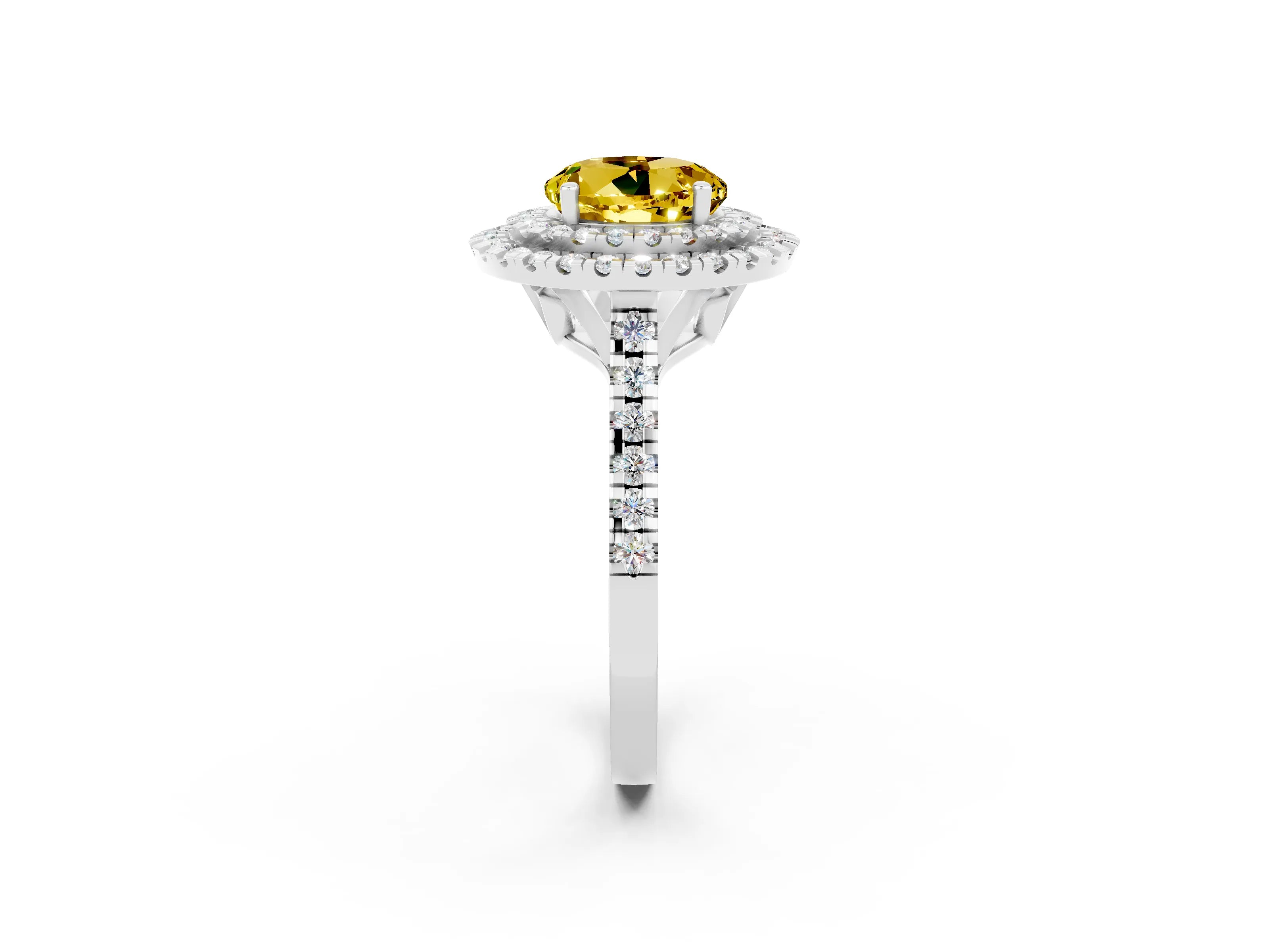 White gold Double Halo Round Cut Yellow Sapphire Pavé Band with Four-Prong Setting_26