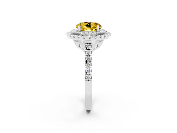 White gold Double Halo Round Cut Yellow Sapphire Pavé Band with Four-Prong Setting