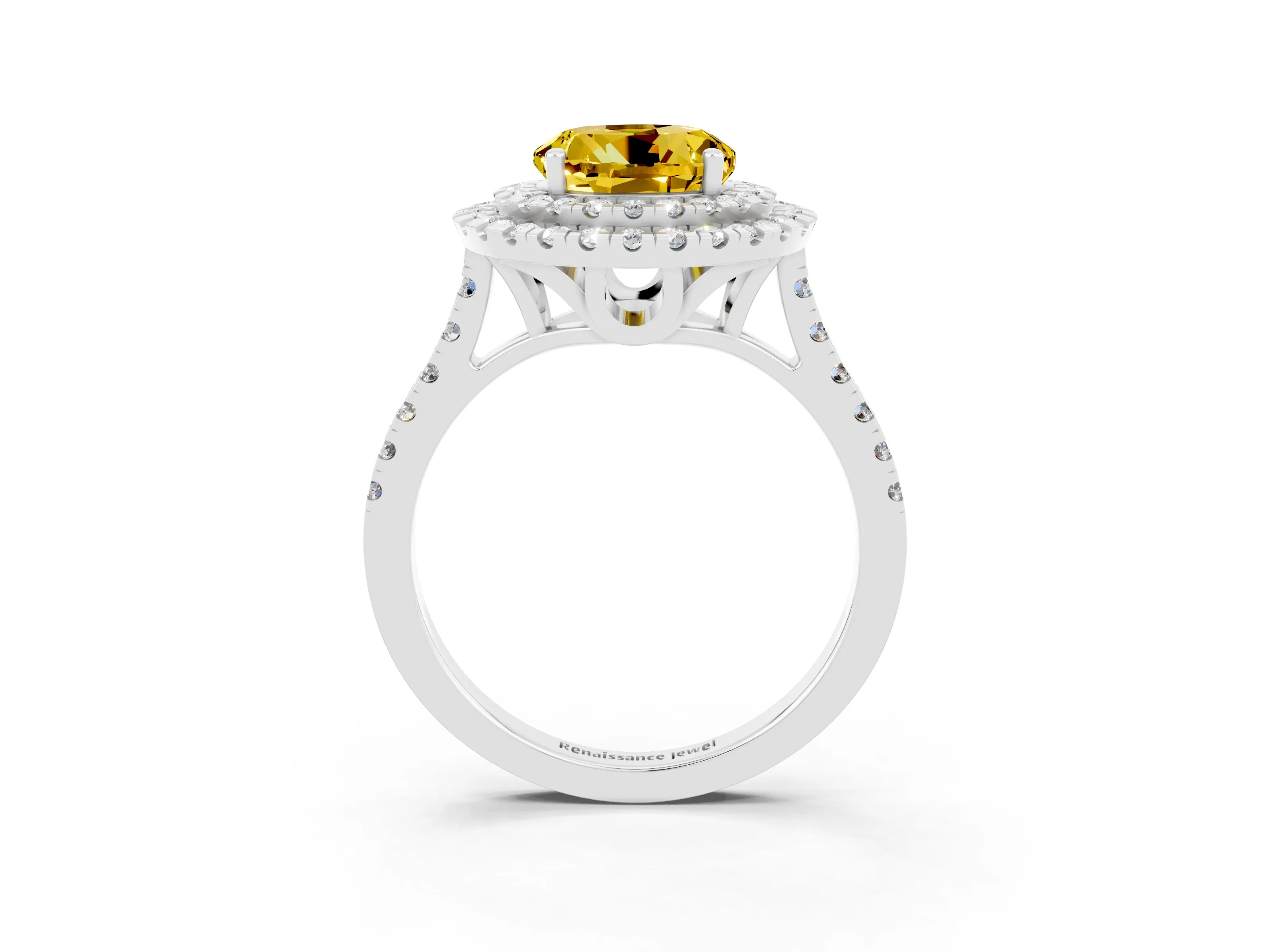 White gold Double Halo Round Cut Yellow Sapphire Pavé Band with Four-Prong Setting_27