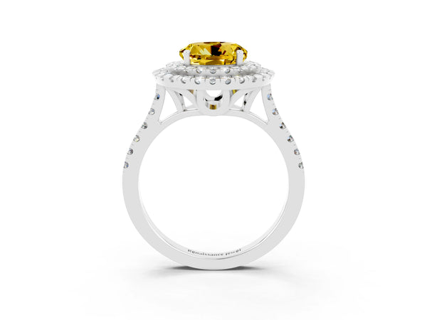 Silver Double Halo Round Cut Yellow Sapphire Pavé Band with Four-Prong Setting
