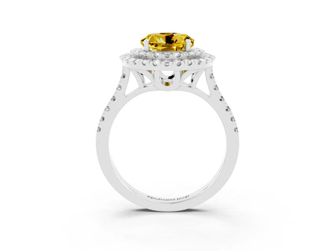 White gold Double Halo Round Cut Yellow Sapphire Pavé Band with Four-Prong Setting_27