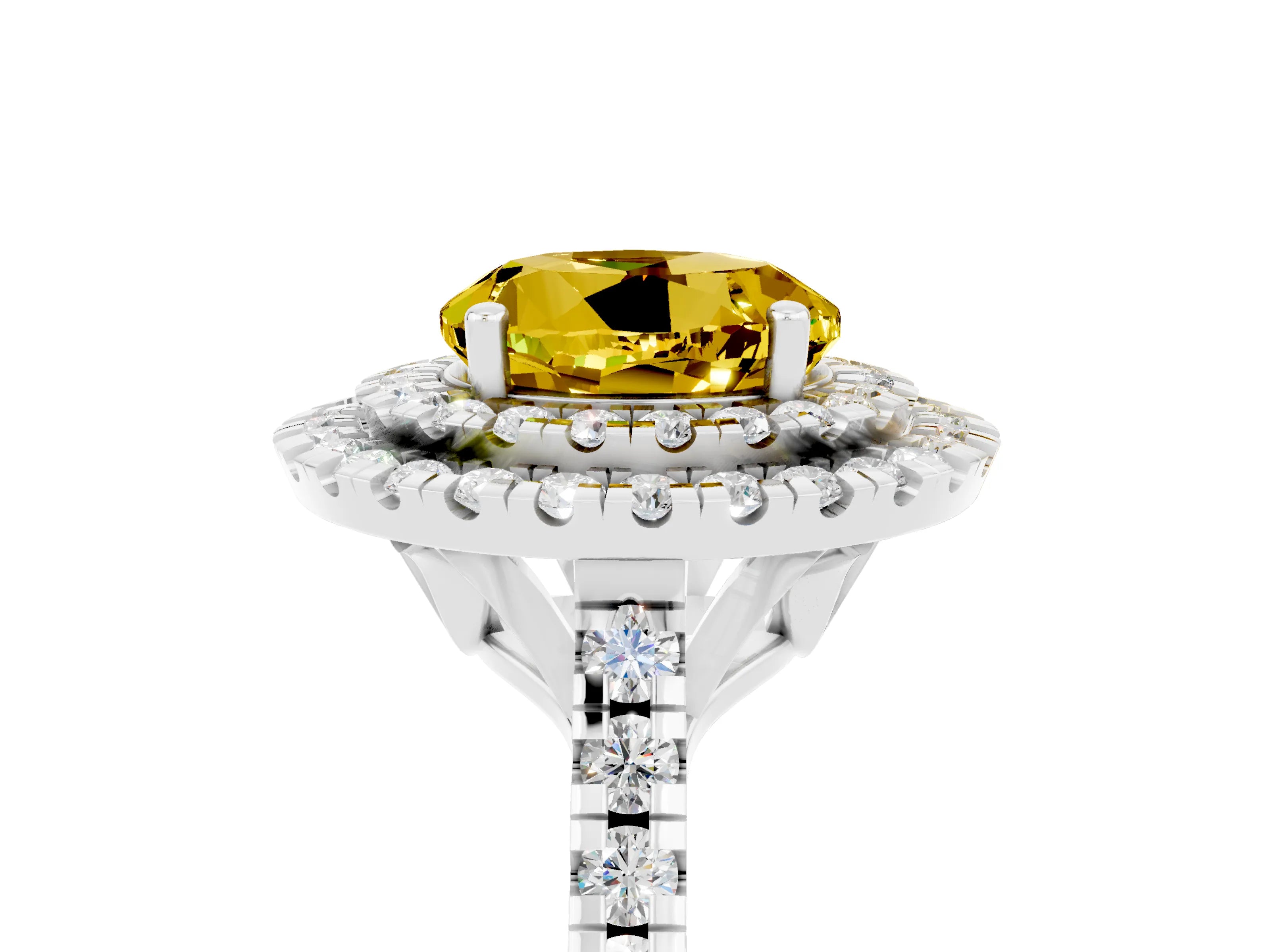White gold Double Halo Round Cut Yellow Sapphire Pavé Band with Four-Prong Setting_29