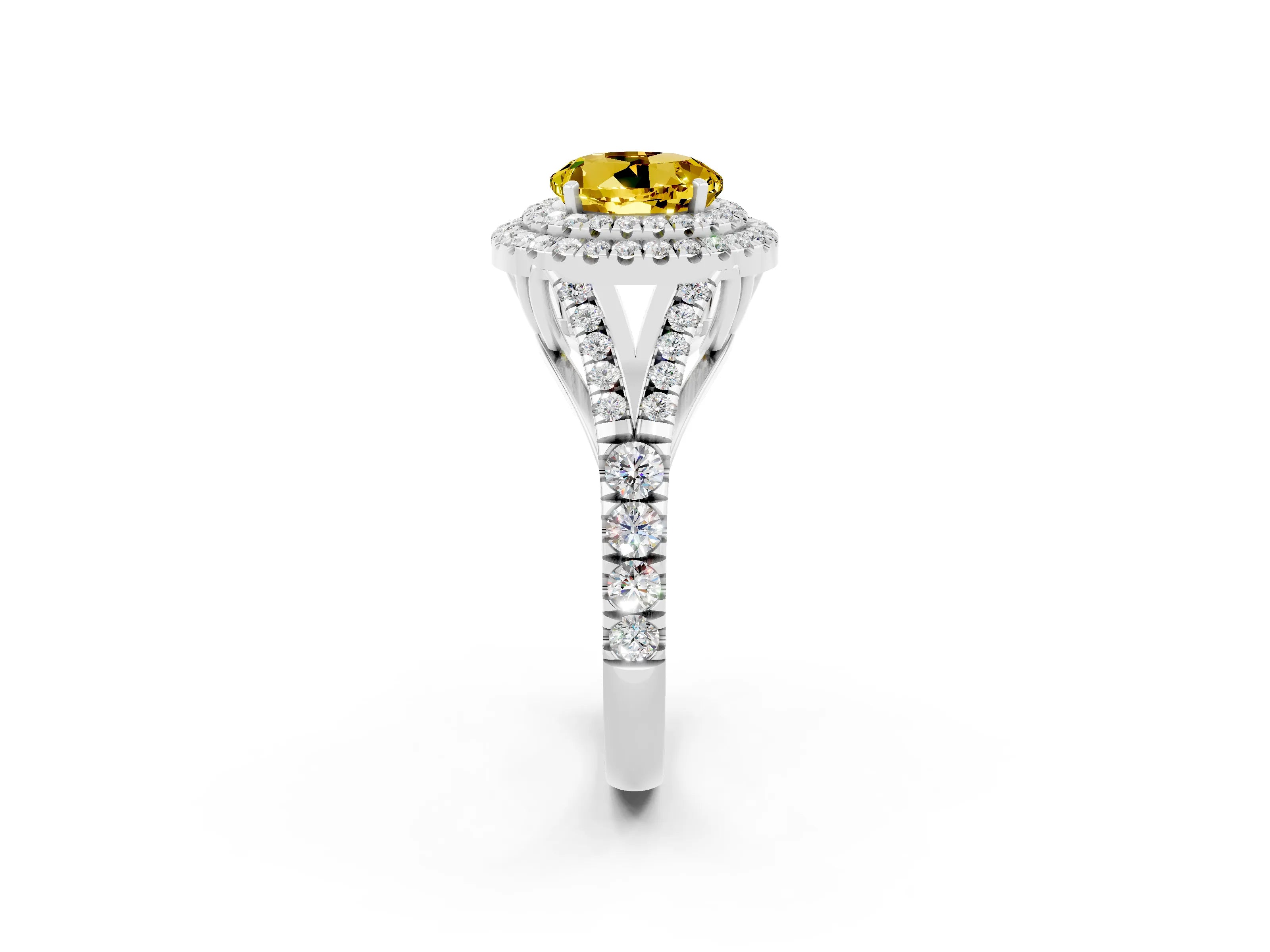 White gold Double Halo Round Cut Yellow Sapphire Pavé Split Shank Ring with Prong Setting_2