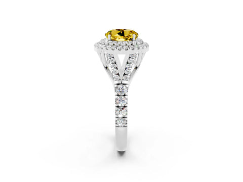 White gold Double Halo Round Cut Yellow Sapphire Pavé Split Shank Ring with Prong Setting_2