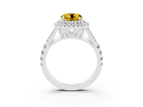 White gold Double Halo Round Cut Yellow Sapphire Pavé Split Shank Ring with Prong Setting_3