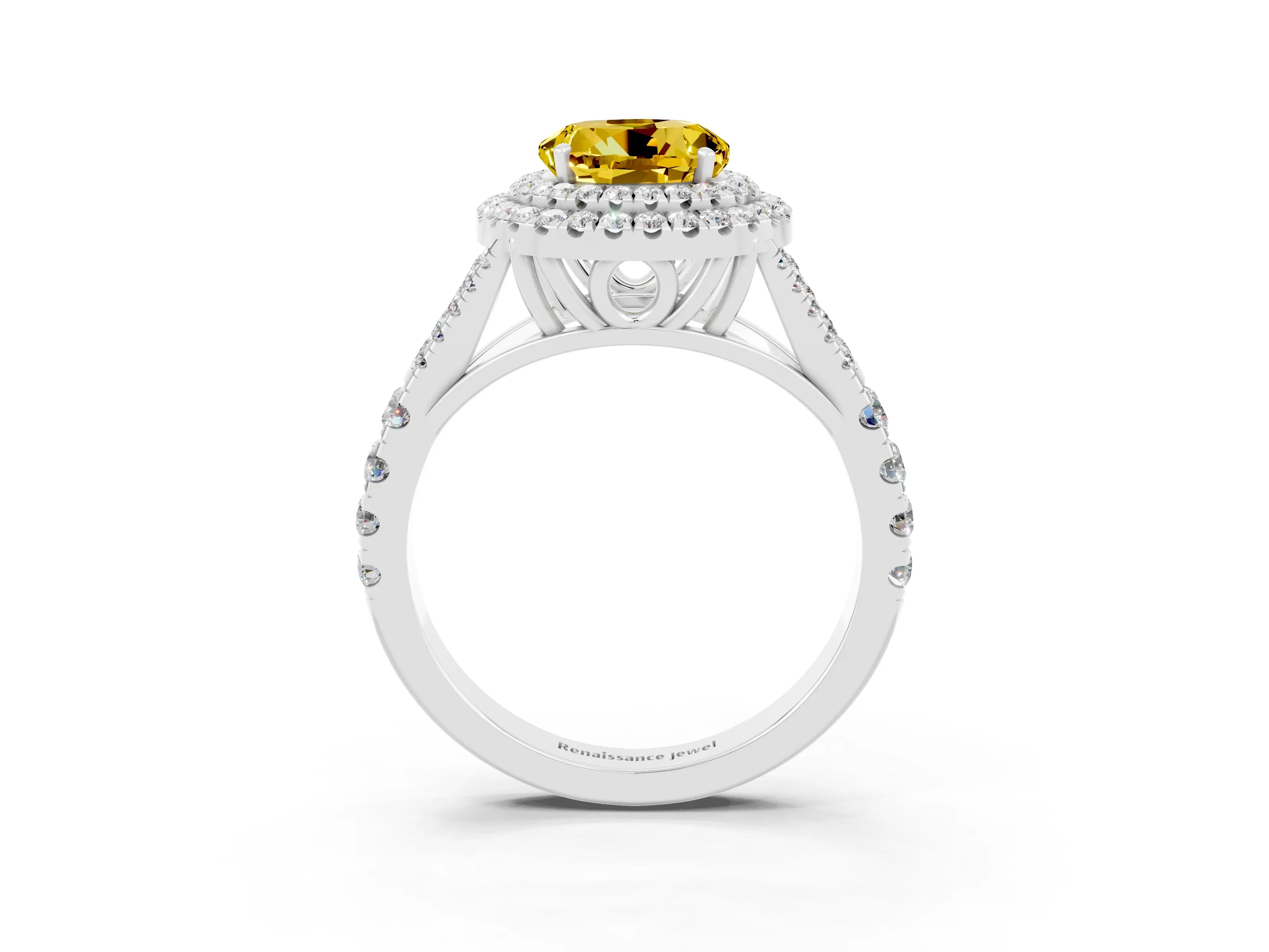 White gold Double Halo Round Cut Yellow Sapphire Pavé Split Shank Ring with Prong Setting_3