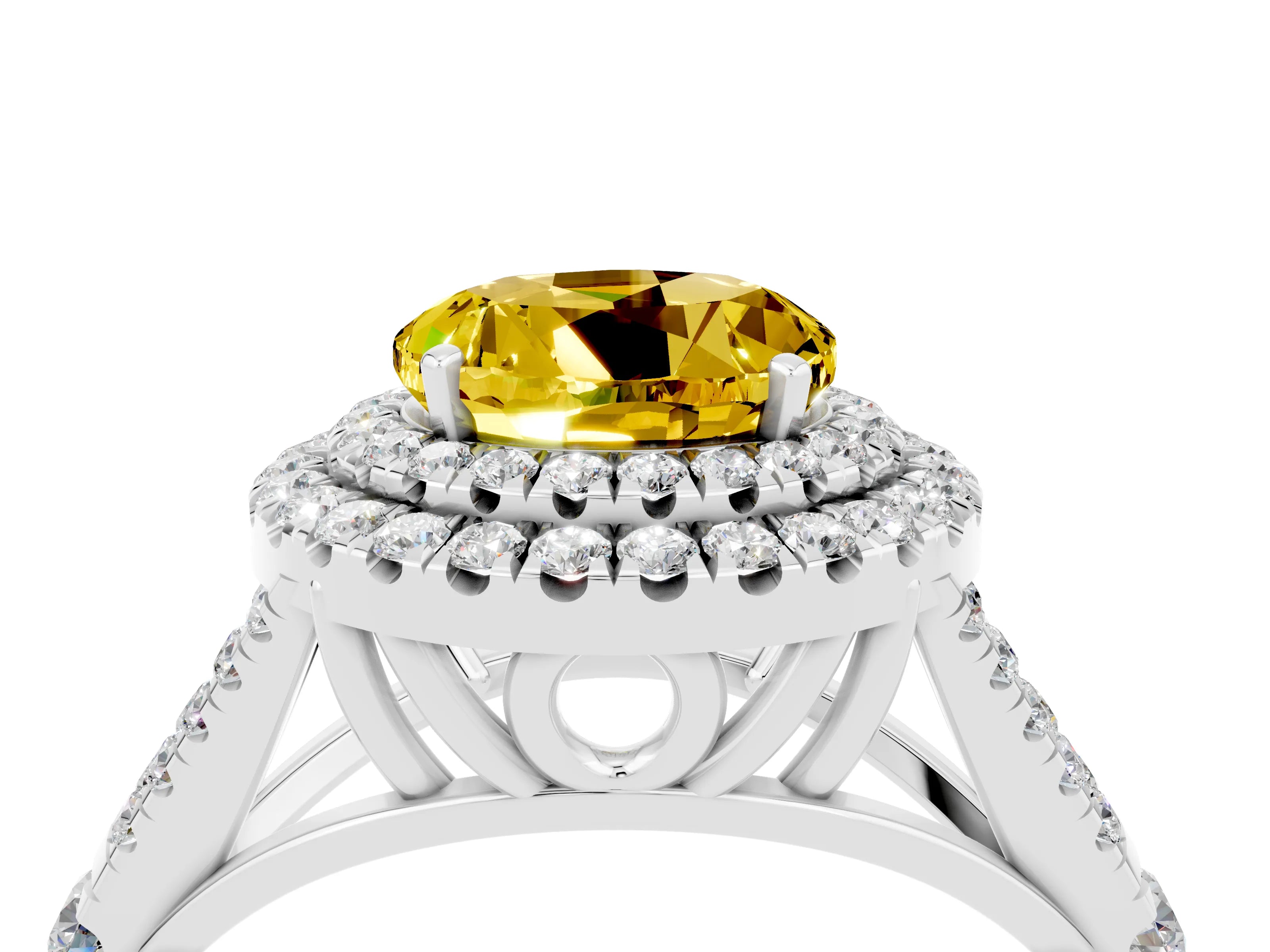 White gold Double Halo Round Cut Yellow Sapphire Pavé Split Shank Ring with Prong Setting_4