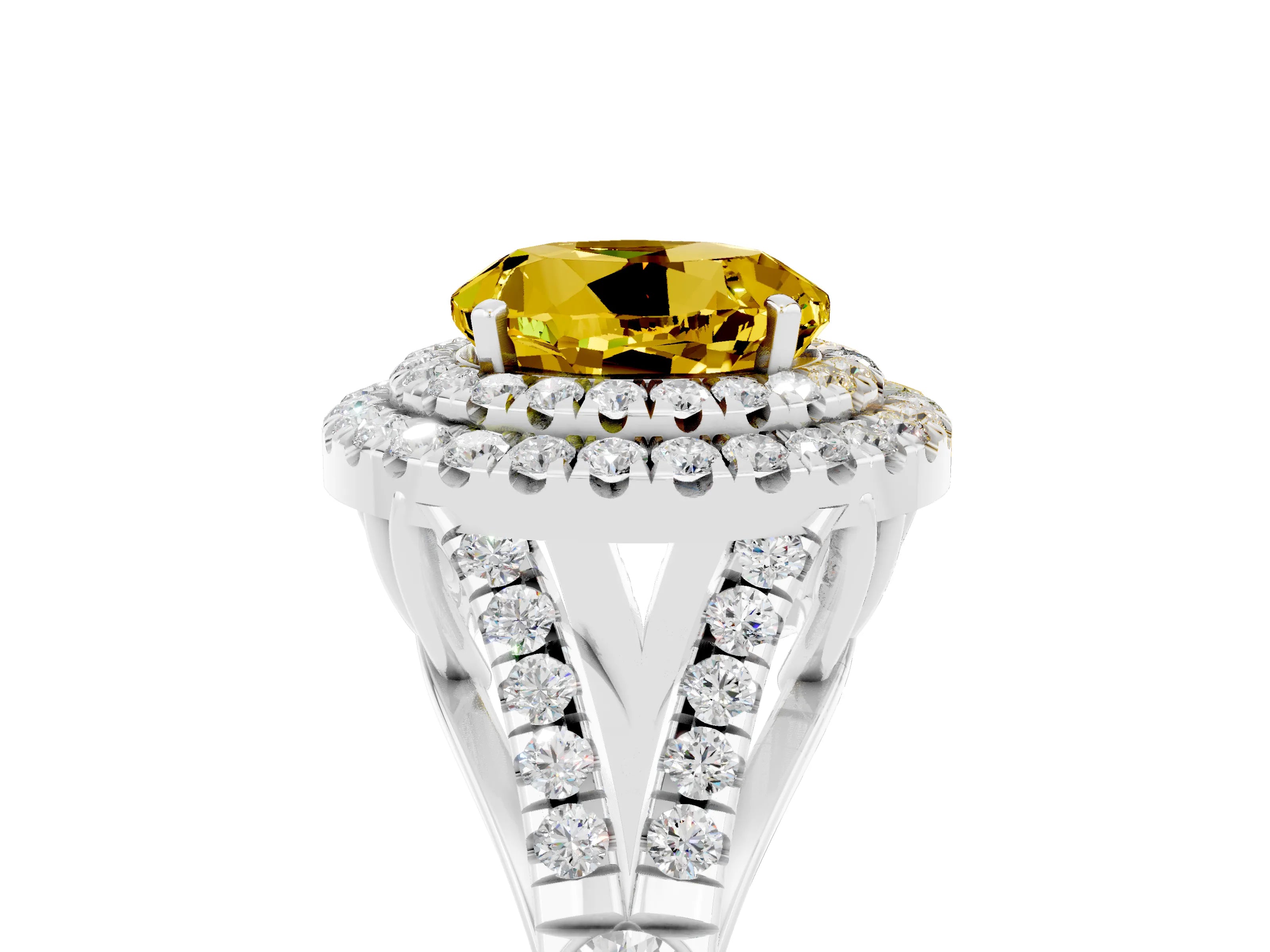 White gold Double Halo Round Cut Yellow Sapphire Pavé Split Shank Ring with Prong Setting_5