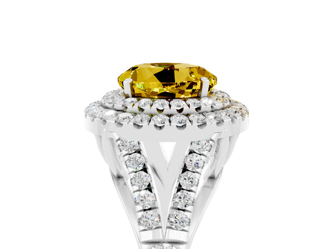 White gold Double Halo Round Cut Yellow Sapphire Pavé Split Shank Ring with Prong Setting_5