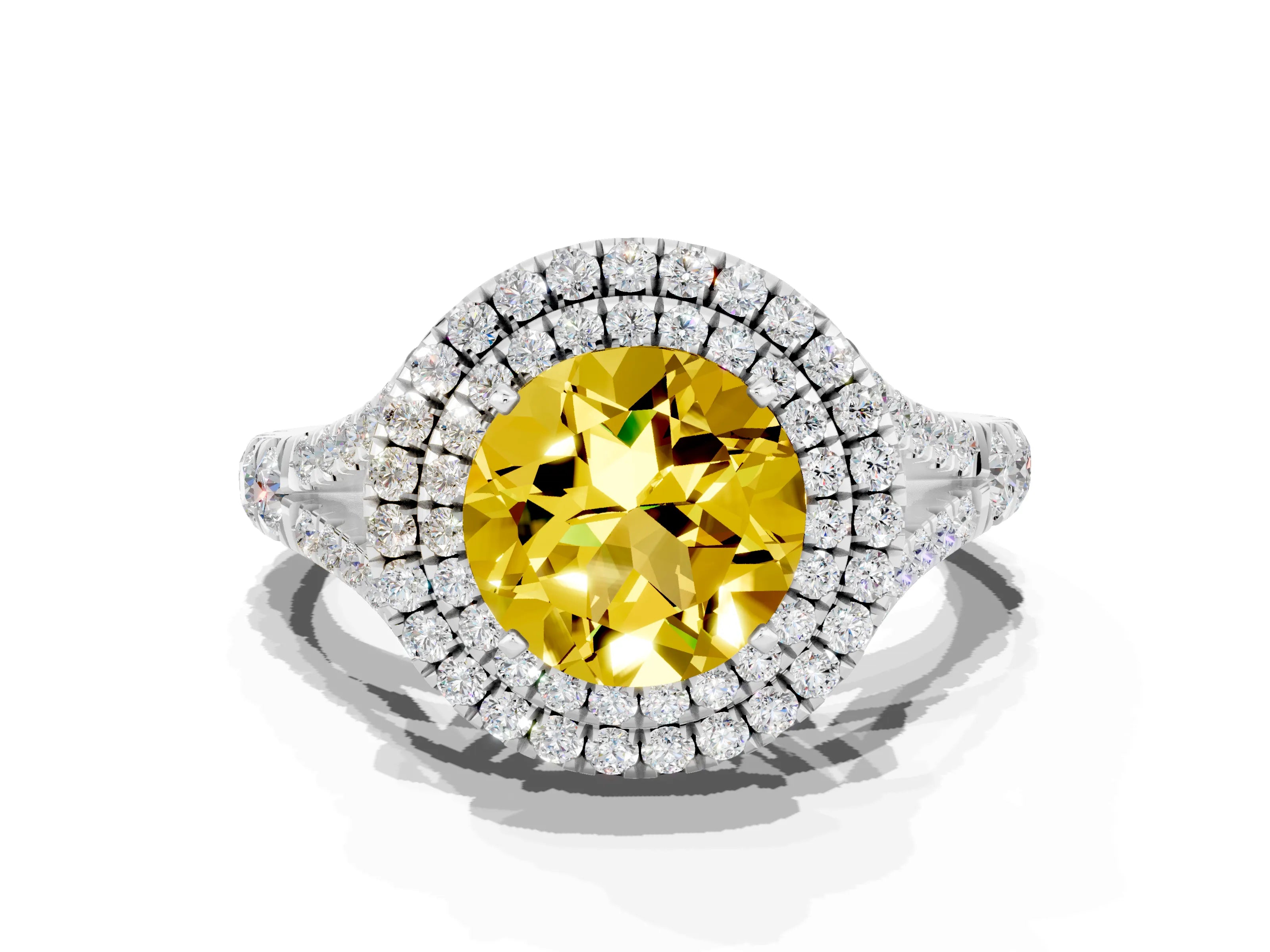 White gold Double Halo Round Cut Yellow Sapphire Pavé Split Shank Ring with Prong Setting