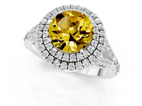 White gold Double Halo Round Cut Yellow Sapphire Split Shank Engagement Ring with Four-Prong Setting_1