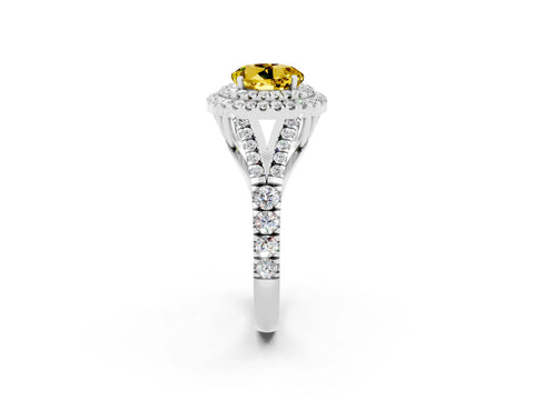 White gold Double Halo Round Cut Yellow Sapphire Split Shank Engagement Ring with Four-Prong Setting_2