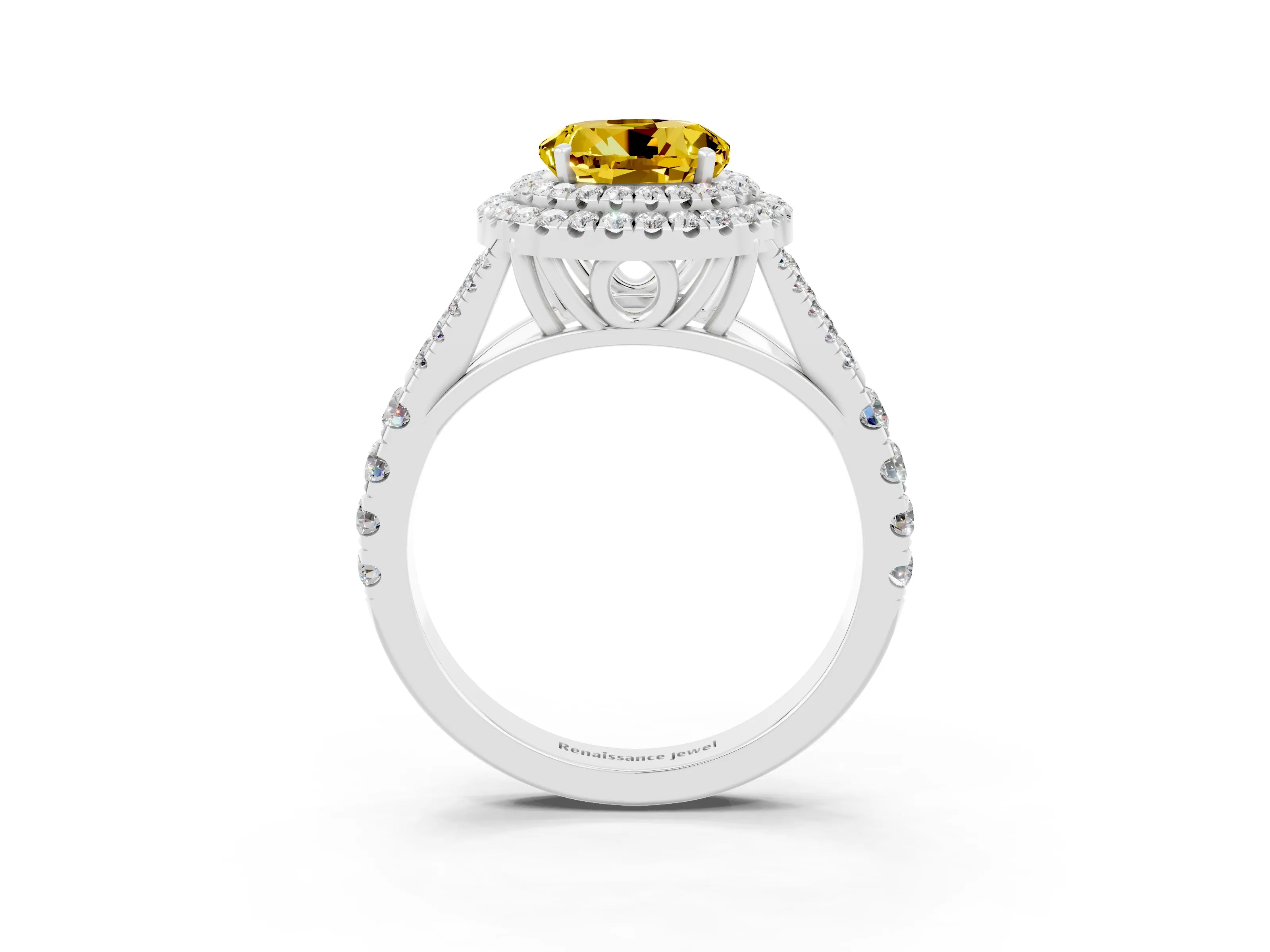 White gold Double Halo Round Cut Yellow Sapphire Split Shank Engagement Ring with Four-Prong Setting_3