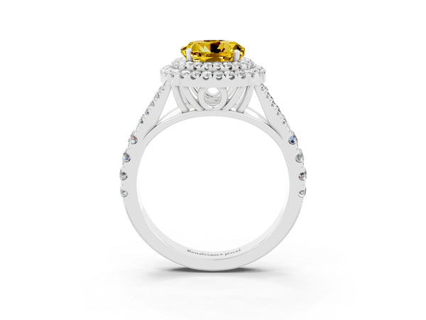 Silver Double Halo Round Cut Yellow Sapphire Split Shank Engagement Ring with Four-Prong Setting