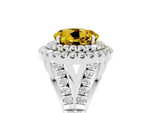 White gold Double Halo Round Cut Yellow Sapphire Split Shank Engagement Ring with Four-Prong Setting_5