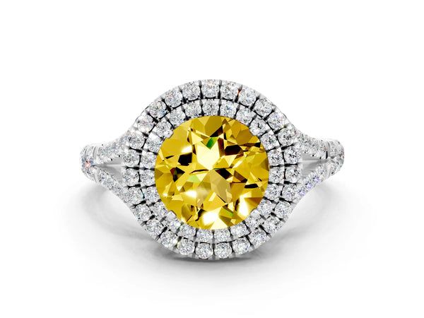 White gold Double Halo Round Cut Yellow Sapphire Split Shank Engagement Ring with Four-Prong Setting