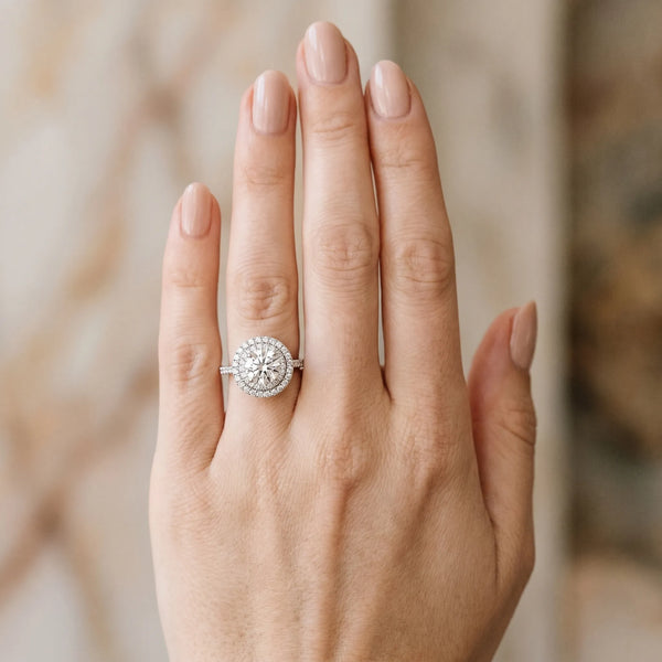 White gold Double Halo Round Diamond Pavé Band Prong Setting Ring