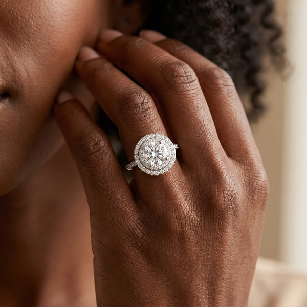 White gold Double Halo Round Diamond Pavé Band Prong Setting Ring