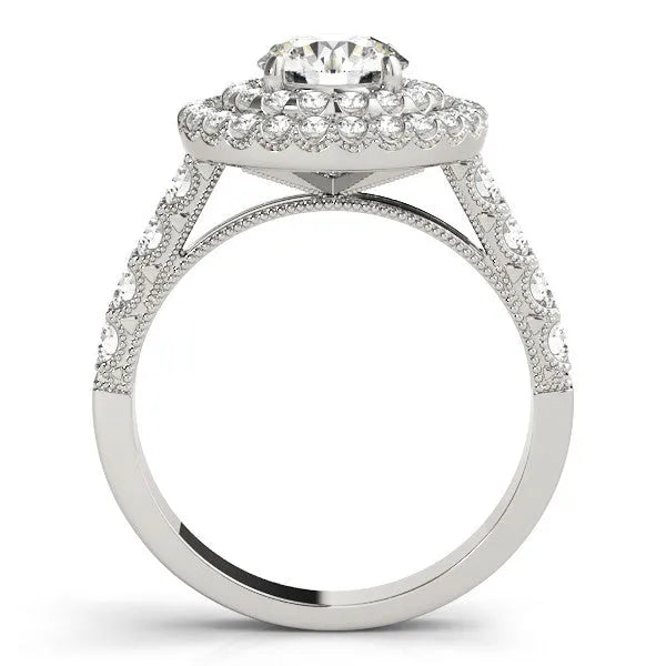 White gold Double Halo Round Diamond Pave Band Four-Prong Ring