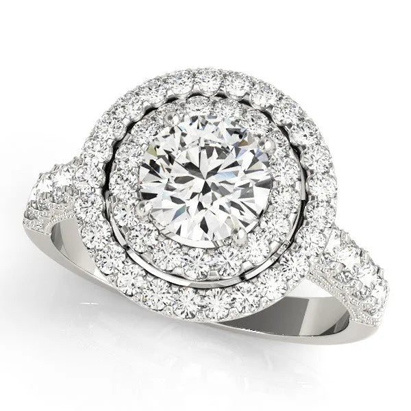 White gold Double Halo Round Diamond Pave Band Four-Prong Ring