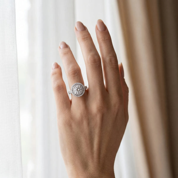 White gold Double Halo Round Diamond Pave Band Four-Prong Ring