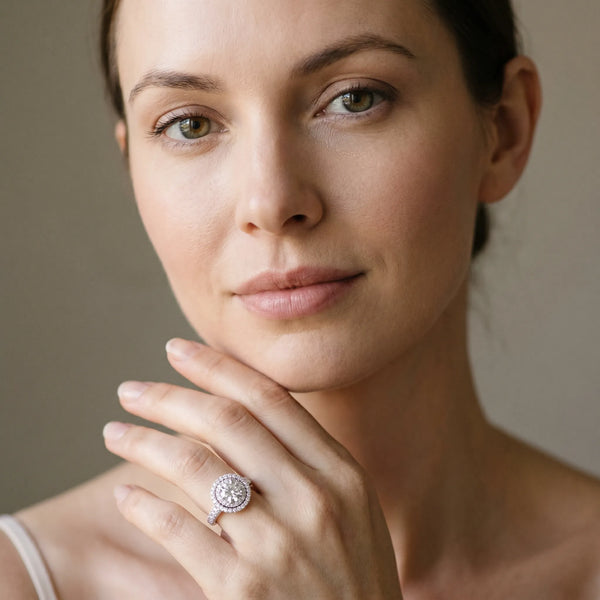 White gold Double Halo Round Diamond Pave Band Four-Prong Ring
