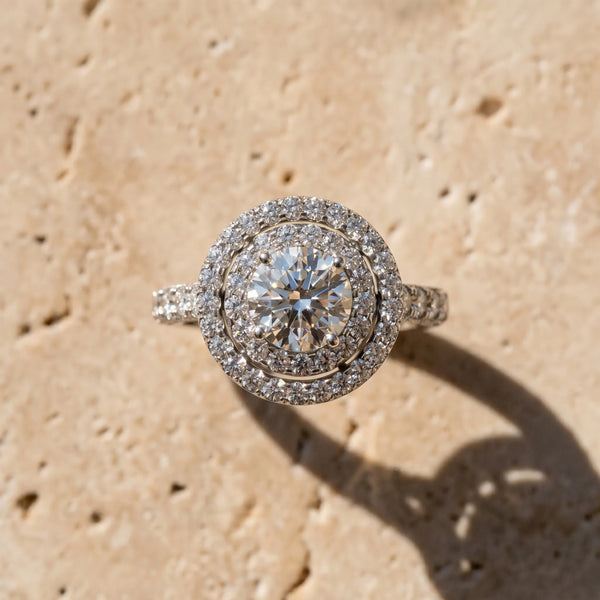 White gold Double Halo Round Diamond Pave Band Four-Prong Ring