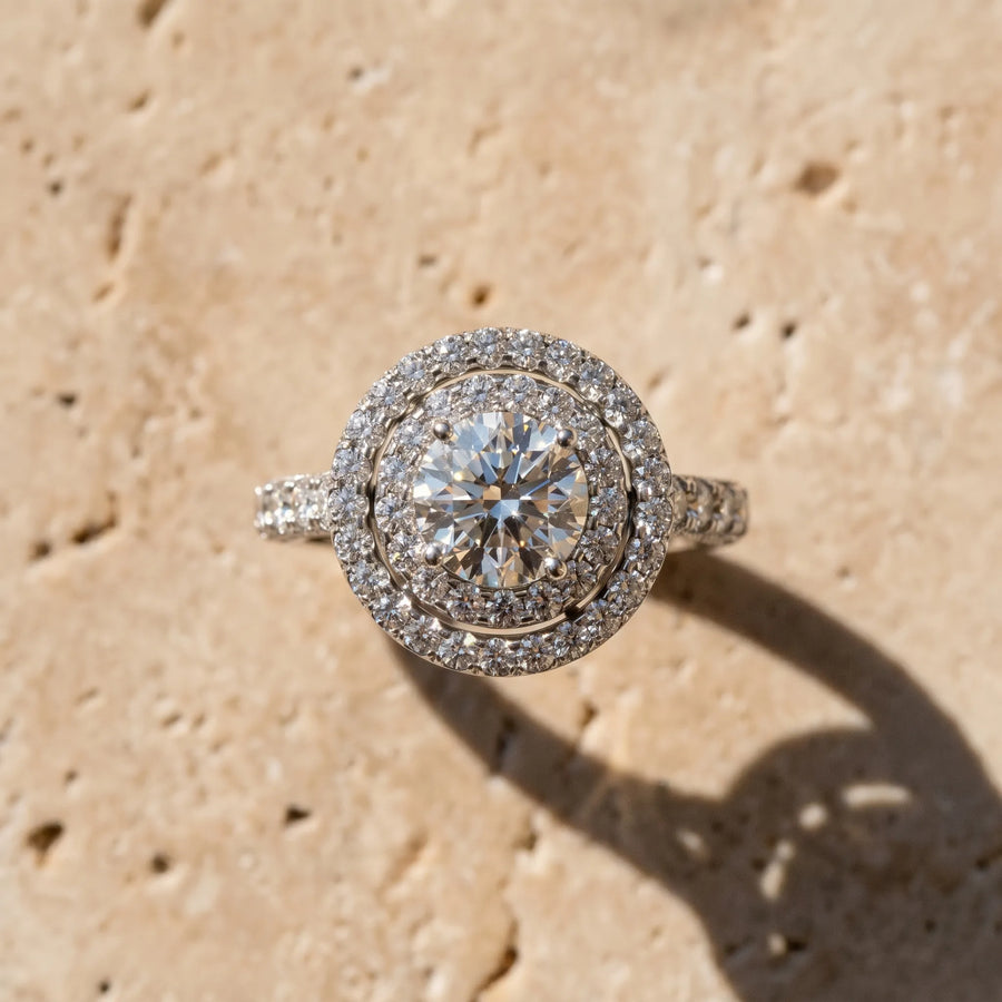 White gold Double Halo Round Diamond Pave Band Four-Prong Ring