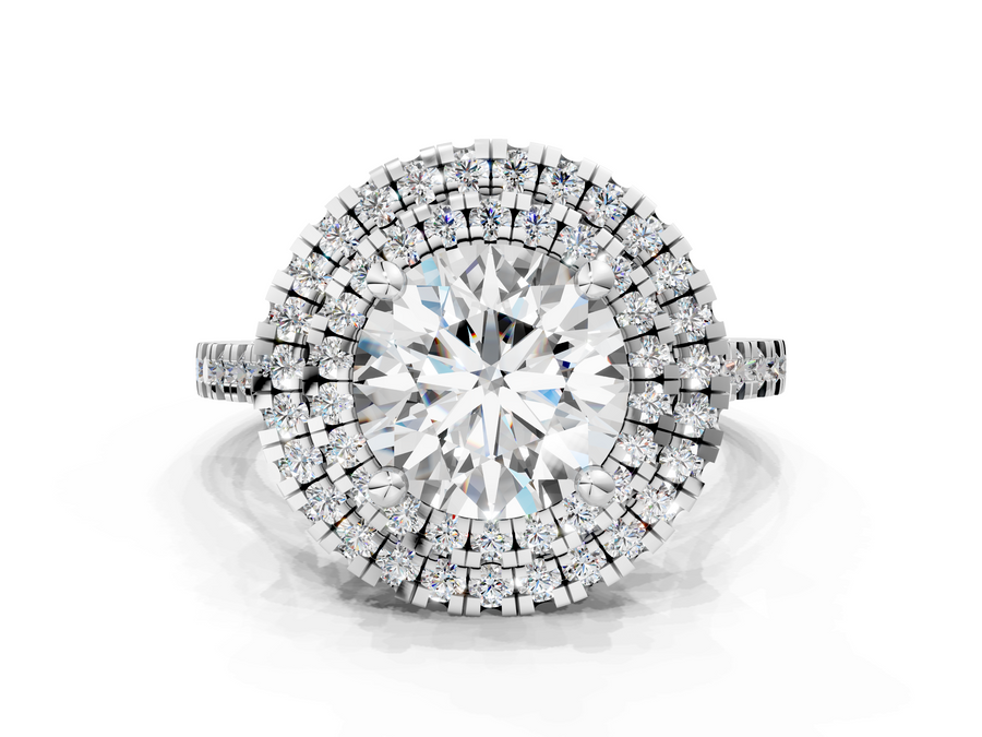White gold Double Halo Round Cut Diamond Pavé Band with Four-Prong Setting