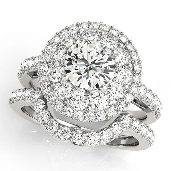 White gold Double Halo Round Diamond Pave Split Shank Prong Setting Ring